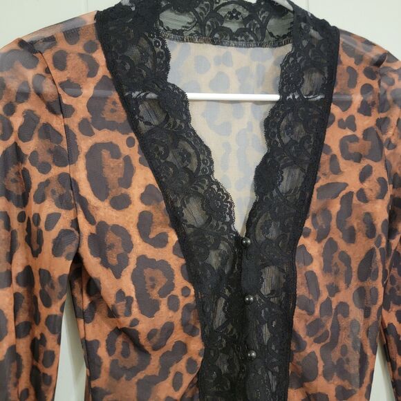 Y2K Womens Cropped Mesh Top Size Medium Leopard Print Lace Trim Button Up Bell - Picture 3 of 7